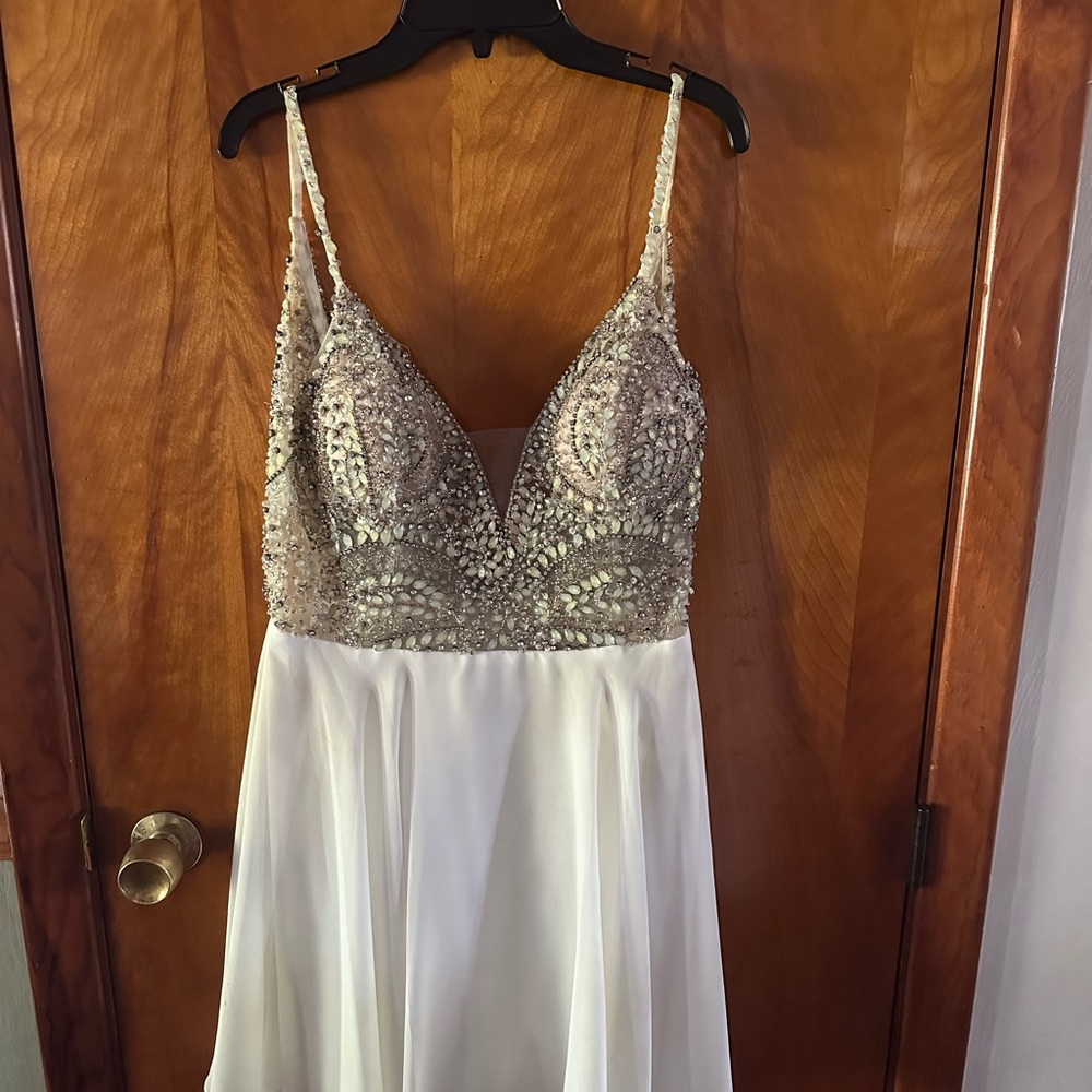 Jovani Silver and White Embellished Prom Dress